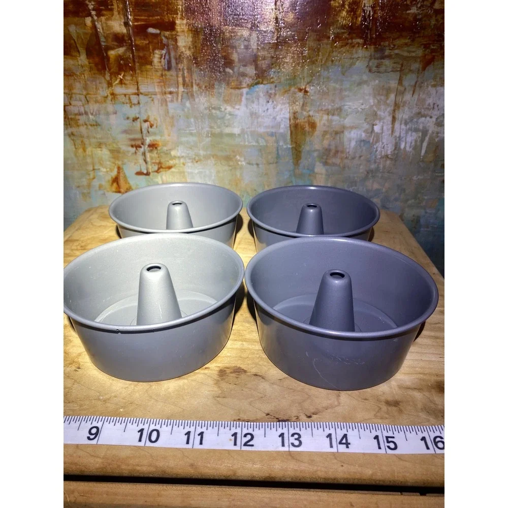 Set of 4 Mini Angel Food Cake Pans 4 Inch Removable Bottom Non-Stick Gray Metal